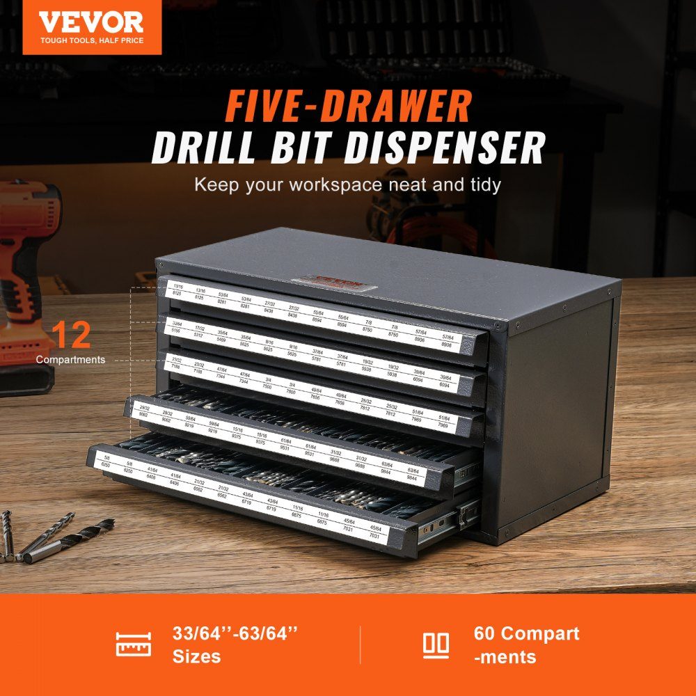 Boordispenserkast, boordispenserkast met vijf laden voor 13,1 mm tot 25 mm stalen boordispenser-organizerkast met labels, stapelbare boordispenseropslag