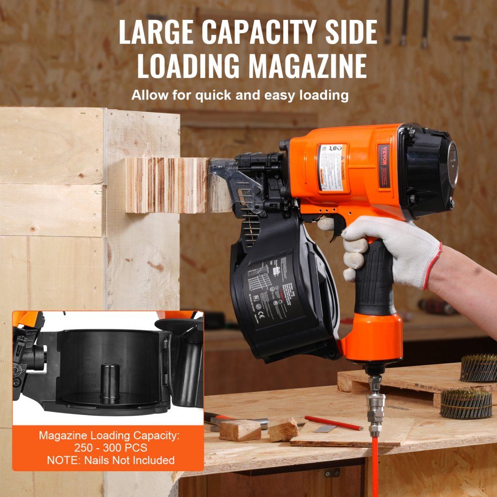 Rolspijkermachine MCN70, 1-3/4" tot 2-3/4" 15 graden pneumatische trimspijkermachine, 70-120PSI luchtspiraalspijkermachine voor pallets, dozen, frames, panelen en omheiningen