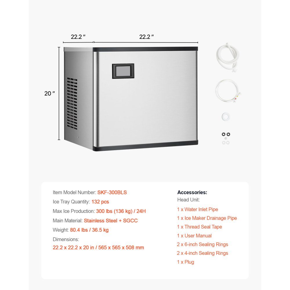 Ice maker head, commercial ice maker (head only), 136kg/day, stainless steel head + PE plastic ice maker head with intelligent control panel and one-touch cleaning