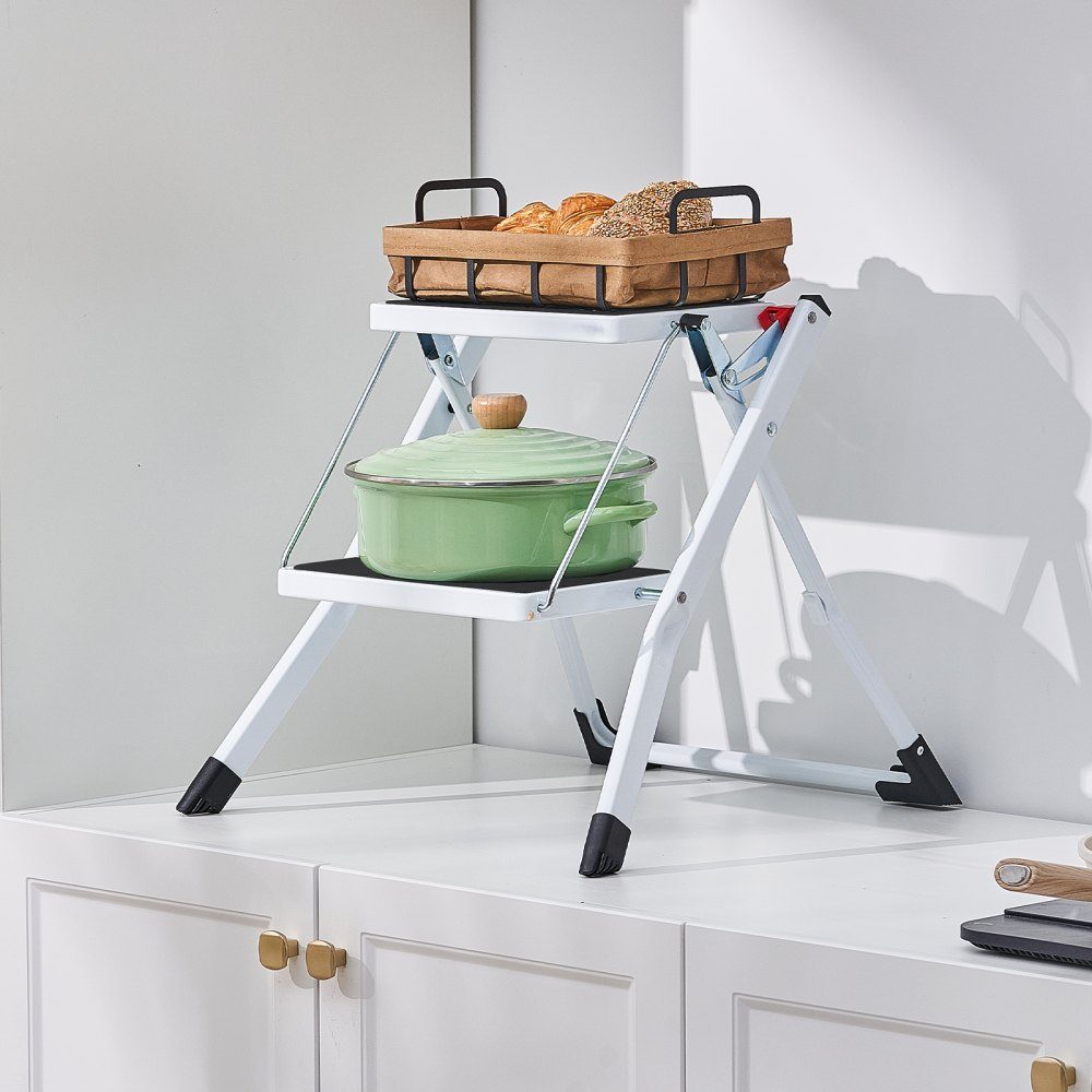 Household ladder 500x480x450mm folding step ladder made of steel step ladder 2 steps step ladder 150kg load capacity folding step double step ladder 445mm high kitchen ladder non-slip step stool