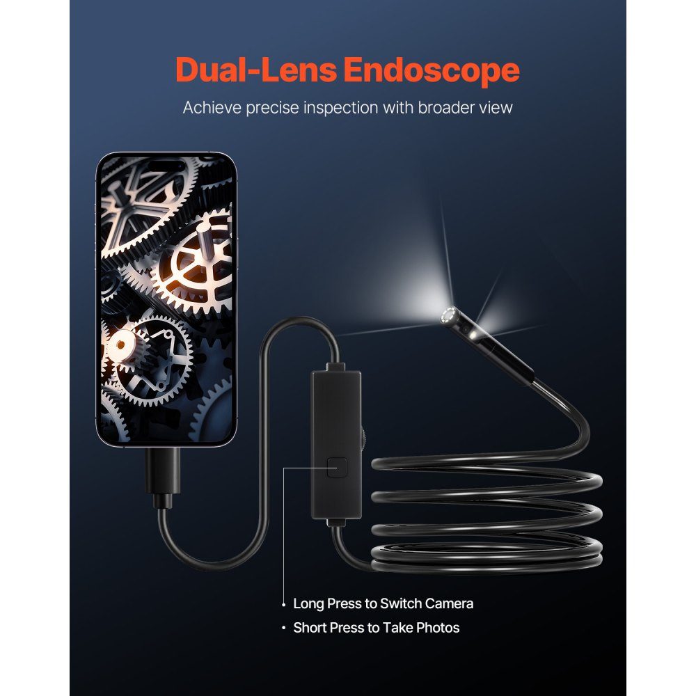 Endoskopkamera mit Licht, Doppelobjektiv-Endoskop für Android und iOS, 1920P HD-Inspektionskamera mit 8+1 LED-Leuchten, 2x Zoom, 3 m Schlangenkabel, IP67 wasserdichte Kamera für Auto, Sanitär