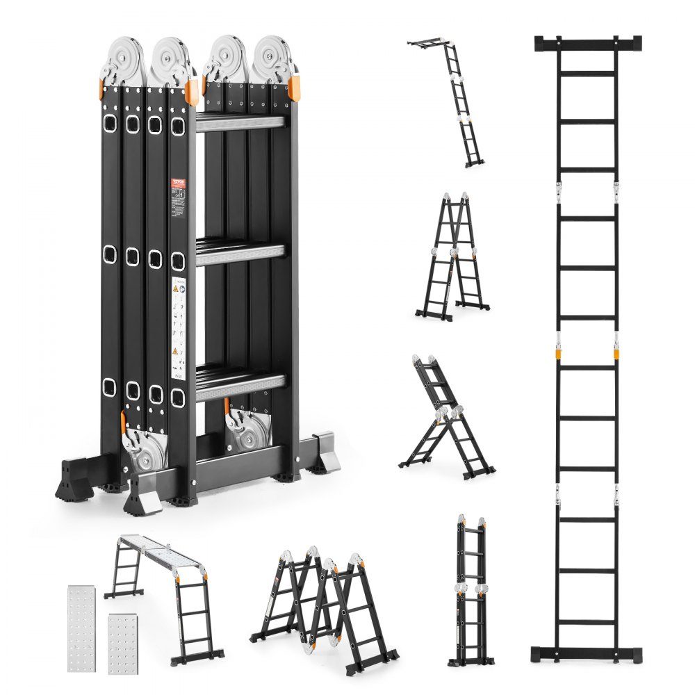 Multipurpose Ladder, 7 in 1 Multifunctional Ladder, A-Frame with 3 Steps and Scaffolding Board, Telescopic Ladder, Ladder Scaffold 3550mm, Heavy Duty Ladder, 150kg Load Capacity, for Home Outdoor Use