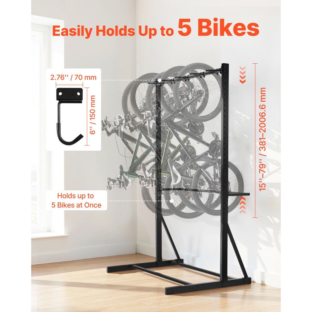Porte-vélos pour 5 vélos, support de vélo avec 5 crochets robustes, acier au carbone, capacité de charge de 300 lb, support de sol vertical pour garage, salon, hangar intérieur