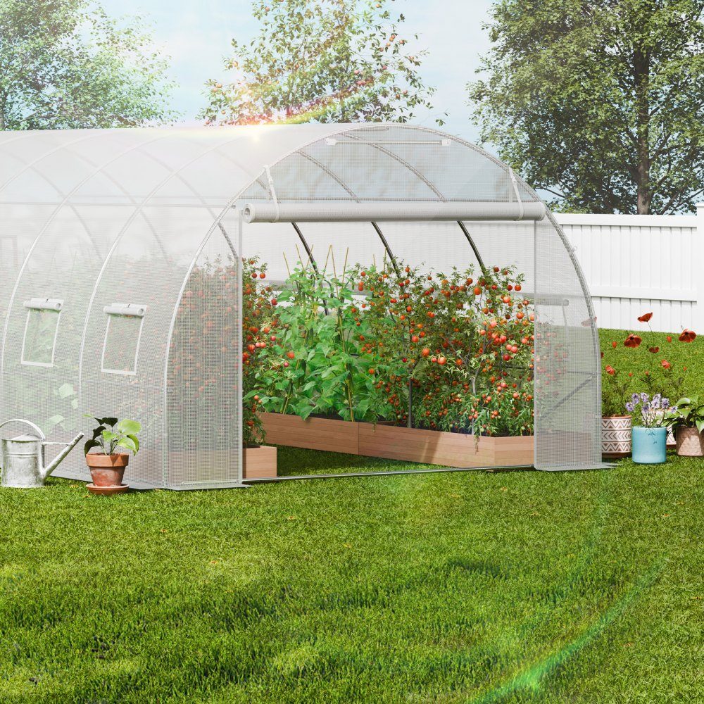 Walk-in tunnel greenhouse, 6.8 x 2.8 x 2.0 m, film greenhouse tunnel, plant greenhouse with galvanized steel frame, white PE cover, roll-up zipper door and 12 windows for outdoor use