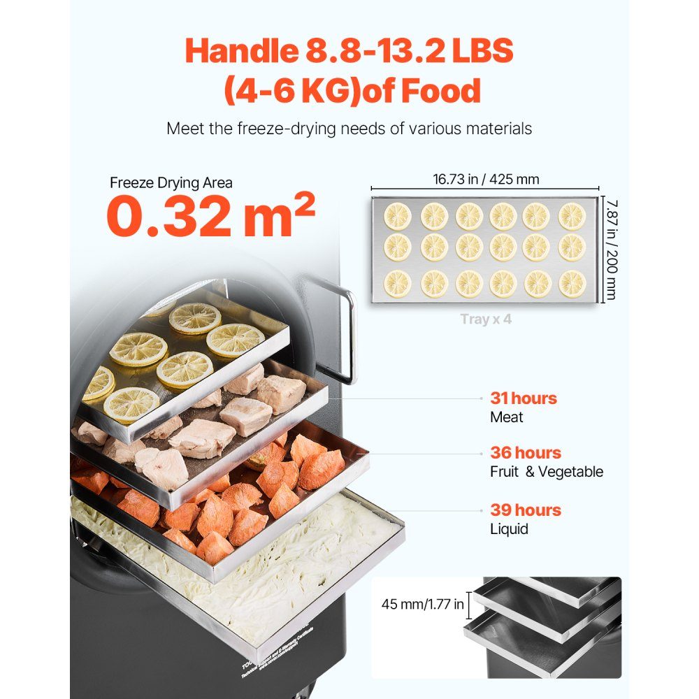Freeze Dryer Freeze Drying Machine Drying Equipment (4-6kg Capacity) for Food with 4 Layer Trays and Adjustable Temperature and Time, for Fruit Black