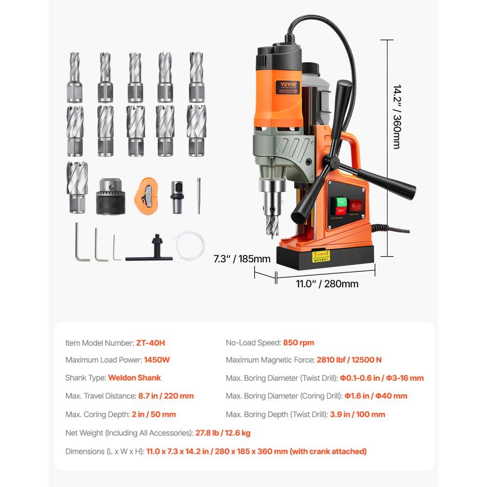 Profi Kernbohrmaschine Magnetbohrmaschine Magnetkraft 12500 N, 850 U/min 1450 W Magnetbohrmaschine 40 mm max. Bohrdurchmesser, Magnetkernbohrsystem für Schiffbau, Brückenbau etc. Orange