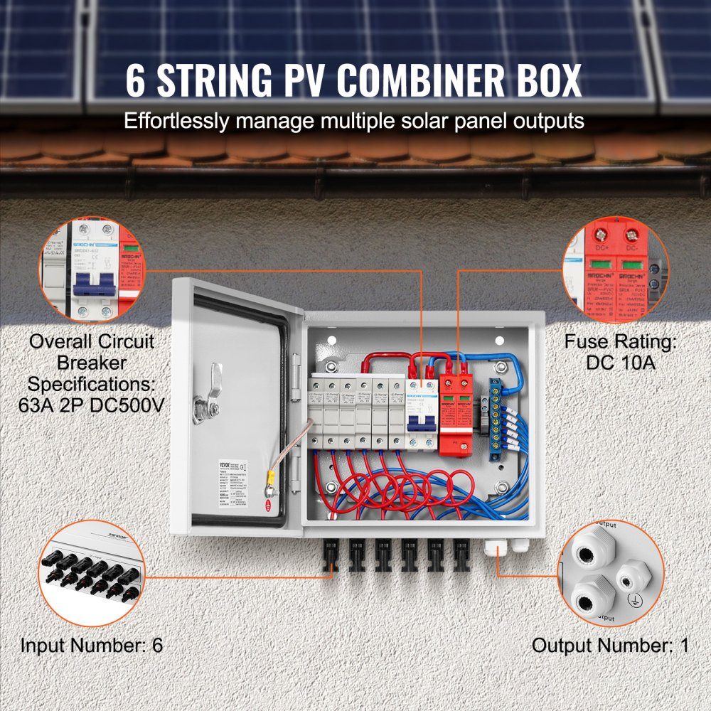 PV Collection Box, 6 String, Solar Collection Box mit 10-A-Nennstromsicherung, 63A Circuit Breaker, Lightning Arrester and Solar Connector, Steel Housing for On/Off Grid Solar Panel System, IP65
