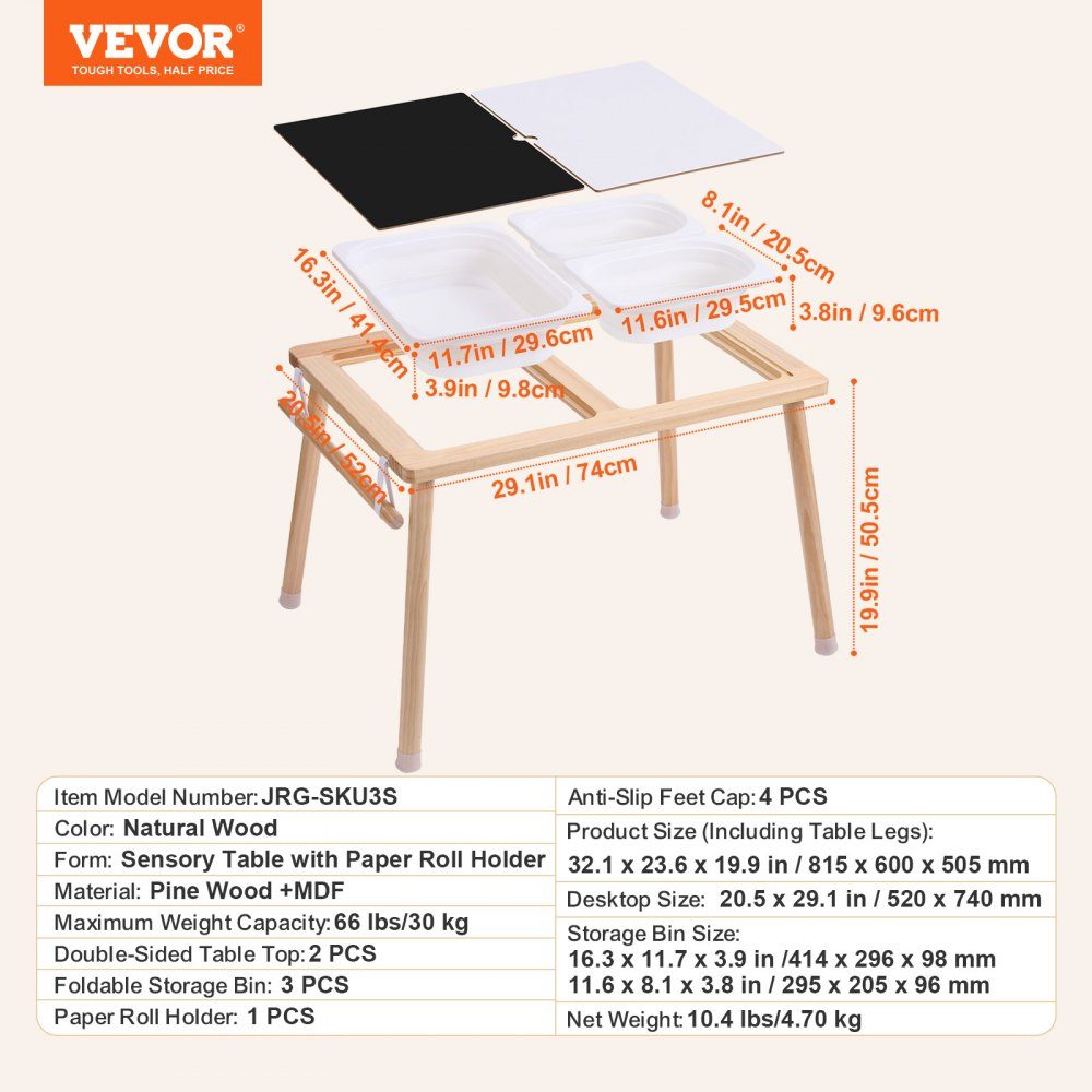 Sensory Table, Kids Activity Table with 3 Foldable Storage Bins and Paper Roll Holder, Sand and Water Table, Wooden Sensory Drawing Table, Gifts for Kids
