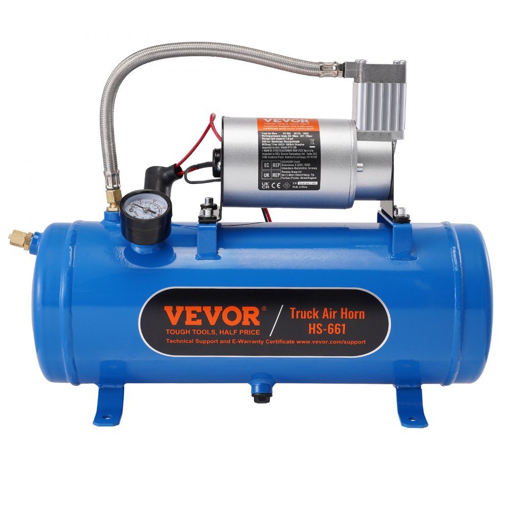 Compresseur d'air 12 V avec réservoir 6 L, kit de compresseur d'air pour klaxon de train, pression de fonctionnement 90-120 psi, système de compresseur d'air intégré pour klaxons d'air de train, gonflage de pneus, camions, SUV, etc. Bleu