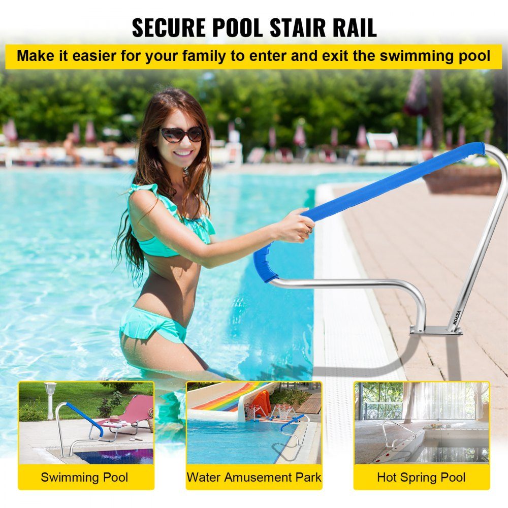Schwimmbad-Handlauf 121,9 x 91,5 cm, Pool-Haltegriff 4,8 cm, Einstiegshilfe aus Edelstahl, Pool-Kurven-Design, Griffbogen mit Griffabdeckung und Zubehör, ideal für Schwimmbäder mit geneigter Position, Spa-Wasserpark