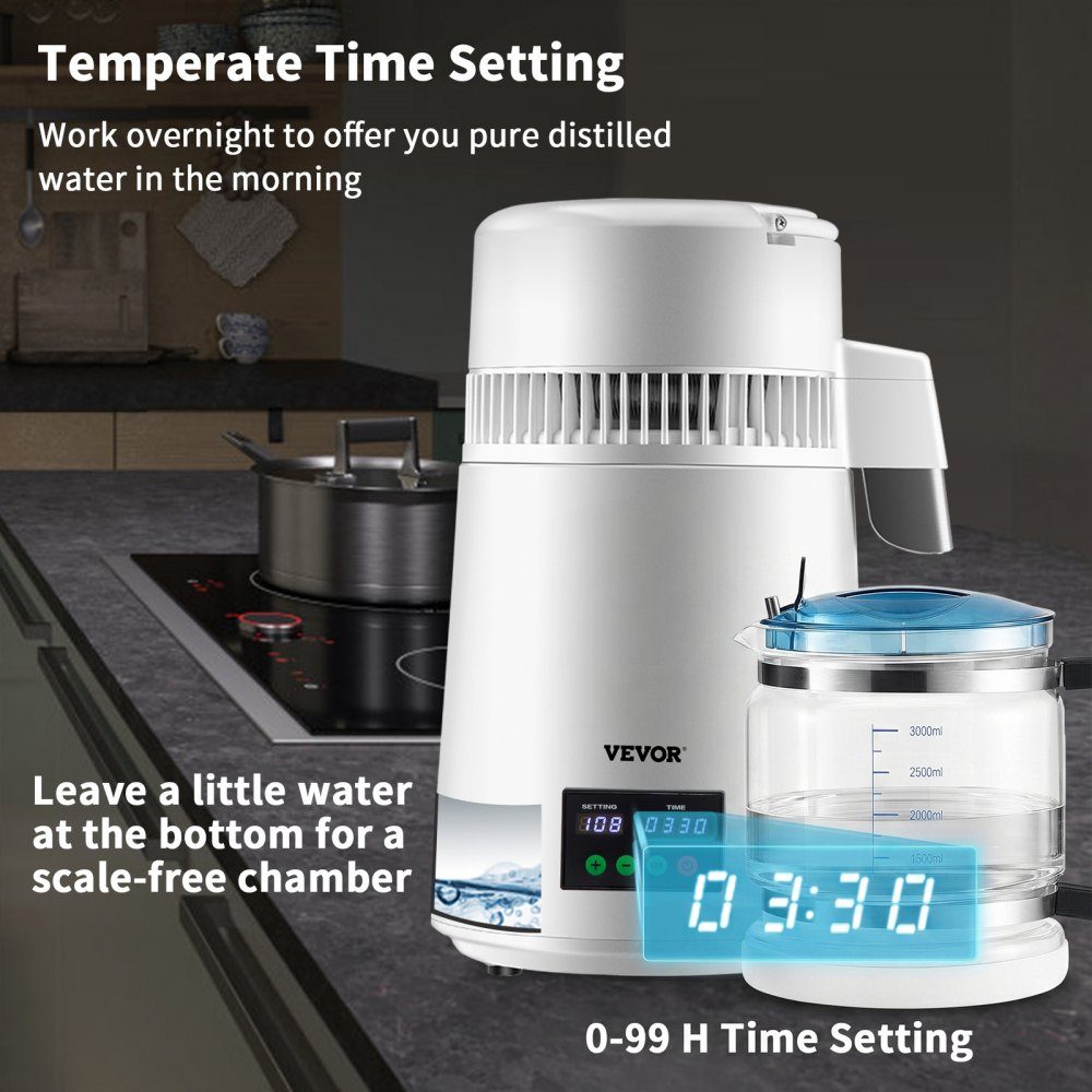 4L waterdestilleerder 750W distilleerder roestvrijstalen waterdestilleerder zuiver waterdestilleerder met glazen kan, waterdestilleerder 1L/uur waterdestilleerder met dubbel temperatuurdisplay