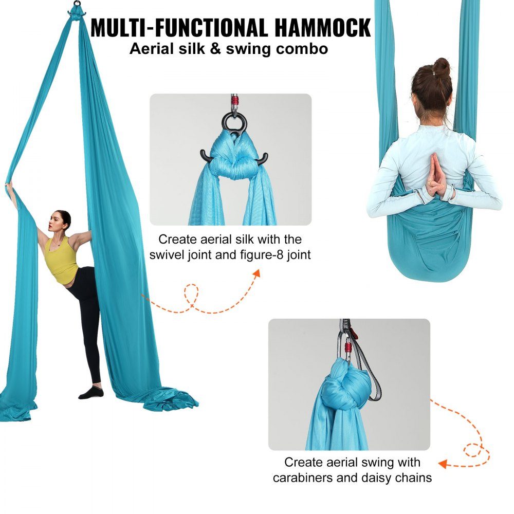 Aerial Yoga Hammock Set 10 x 2.8 m, Blue Aerial Yoga Swing Air Flies, Indoor Aerial Yoga Hammock Swing 1000 kg Max. Load Capacity, Includes Yoga Socks, Steel Carabiner and Aluminum Swivel
