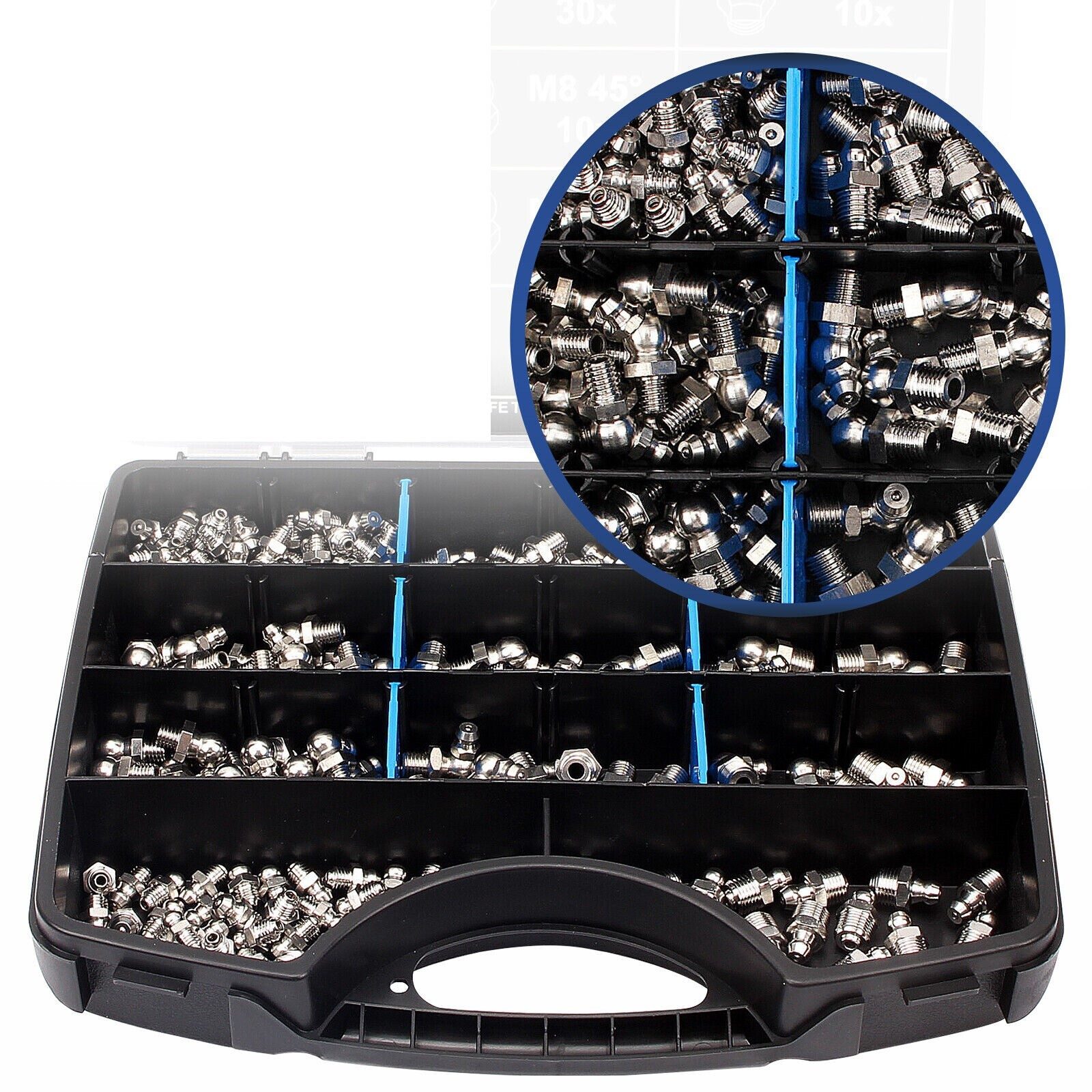 270x conical grease nipples, galvanized, grease nipple assortment M6 M8 M10 straight 45° 90°