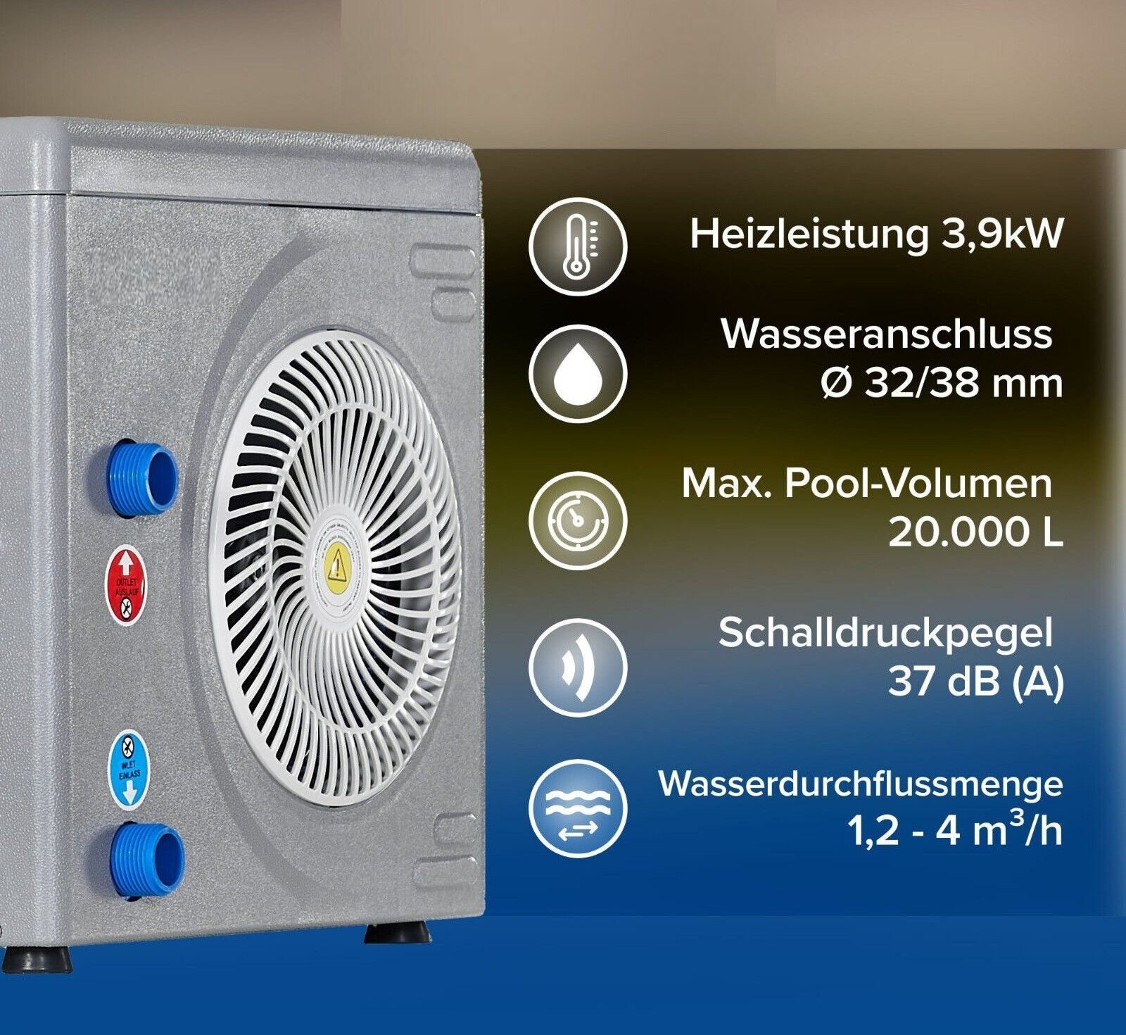 Zwembadwarmtepomp zwembadverwarming water-lucht warmtewisselaar warmtepomp 3,9 kW