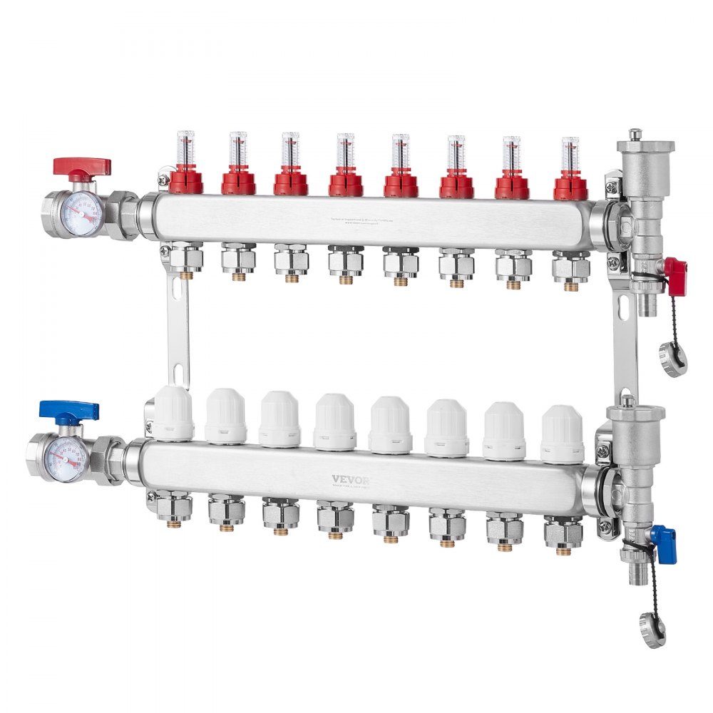 Wärmeverteiler mit 8 Zweigen, 1/2-Zoll-PEX-Rohrverteiler, PEX-Verteiler aus Edelstahl für hydronische Fußbodenheizung, Wärmeverteilungs-PEX-Verteiler-Kit mit 1/2-Zoll-Adaptern im Lieferumfang enthalten