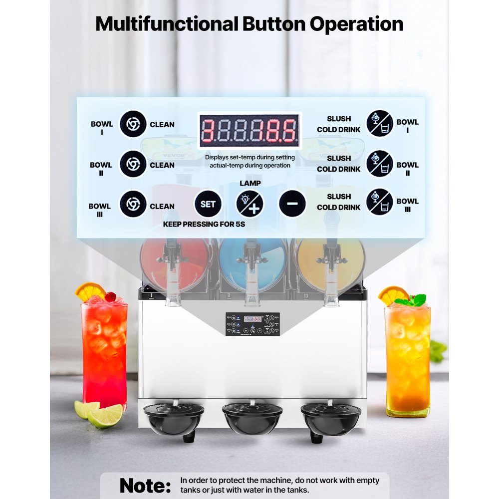 Commercial Slush Ice Machine 45L Slushie Maker with 3 Tanks, Stainless Steel Crushed Ice Machine for 180 Cups Margarita and Smoothies, Ice Slush Machine for Home Catering Cafe Bars