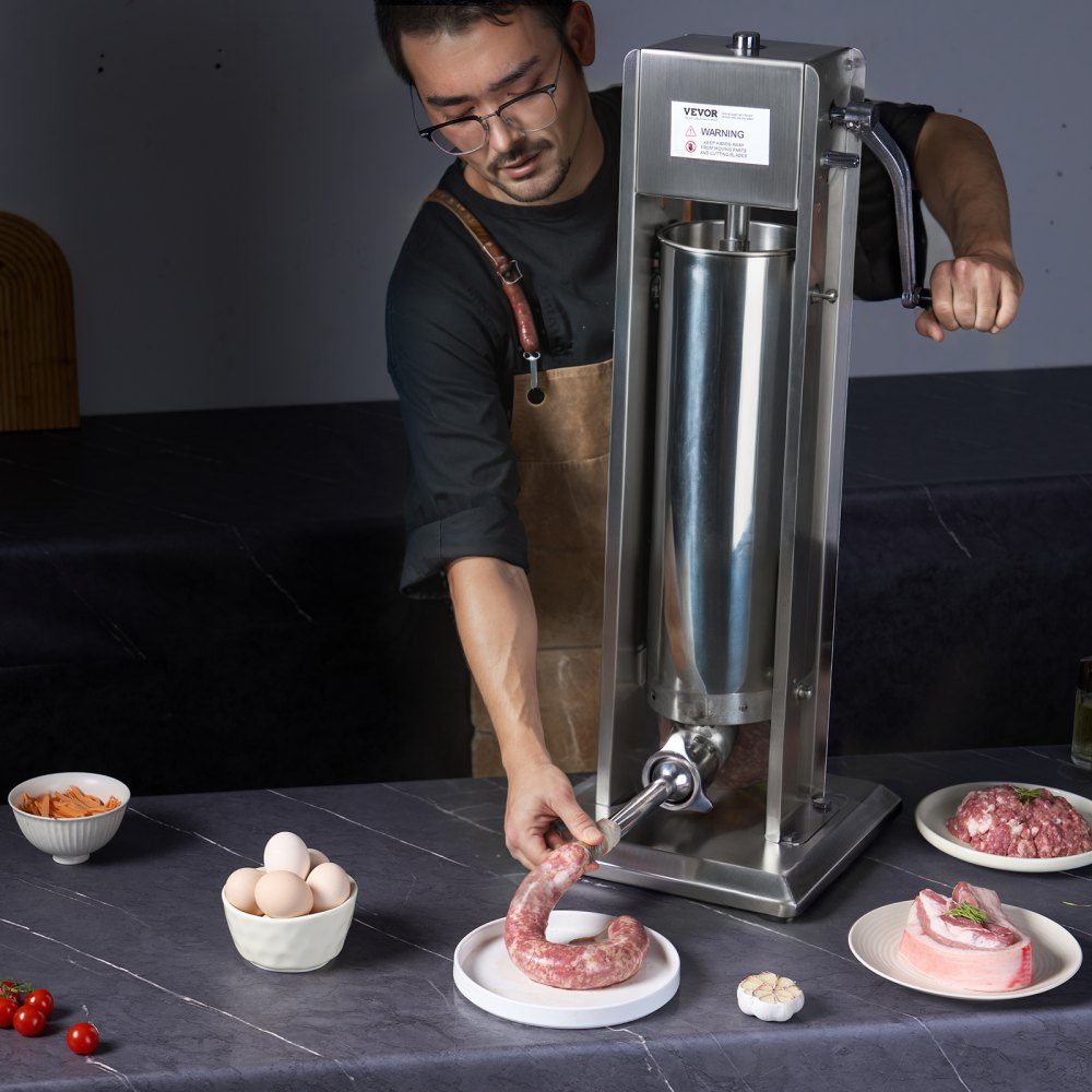 Remplisseuse de saucisses manuelle, machine à saucisses verticale de 7 L/15 lb, remplisseuse de viande à deux vitesses, en acier inoxydable 304 de qualité alimentaire, comprend 5 tubes de remplissage, pour la maison, la cuisine, le restaurant, le commerce