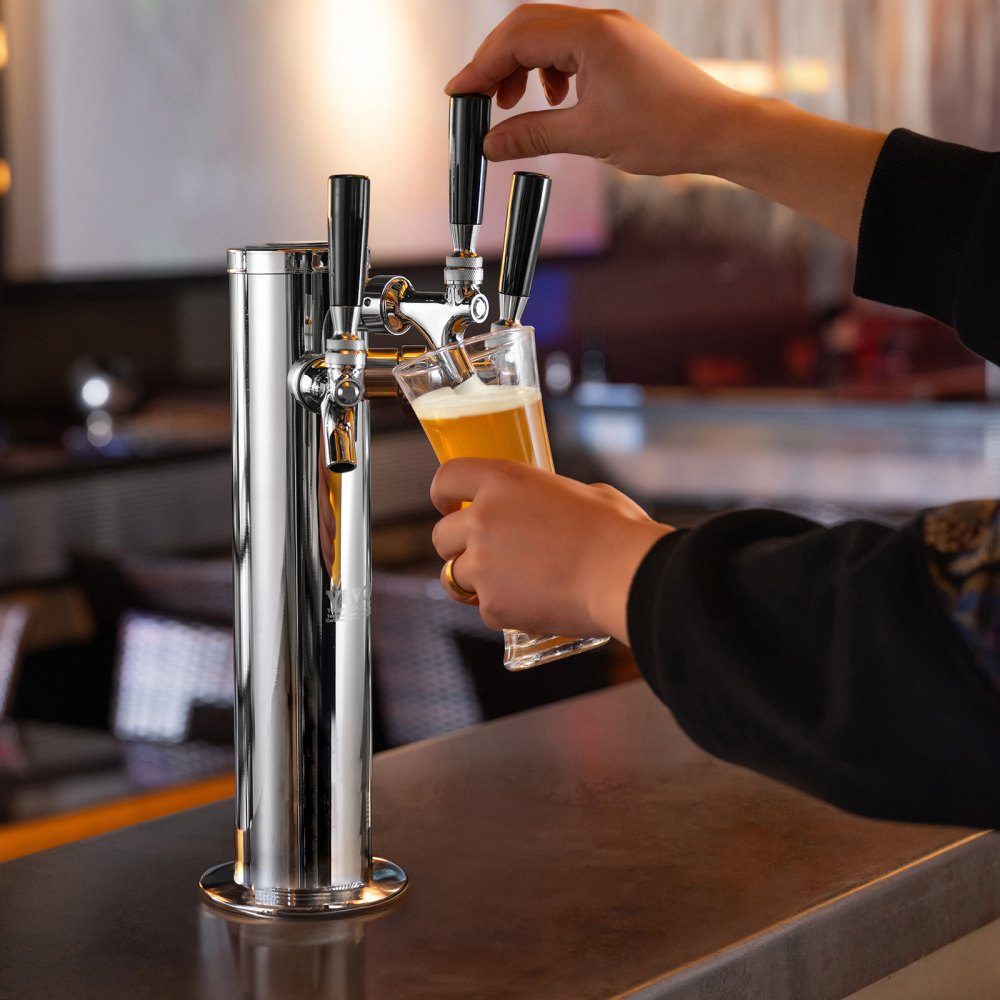 Dozownik piwa z 3 kranami, wieża z beczką na piwo ze stali nierdzewnej, zestaw wieży Kegerator ze wstępnie zmontowanymi wężami i samozamykającymi się kranami dla przyjęć, barów, pubów i restauracji