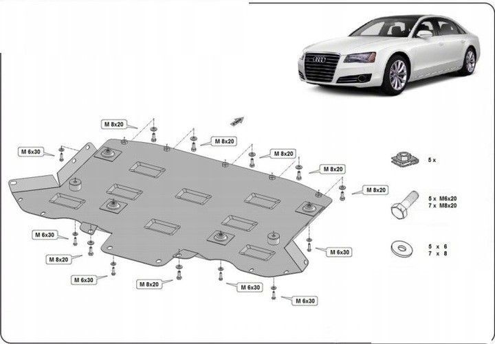 Protection anti-encastrement du capot moteur en acier Transformation du capot de boîte de vitesses Audi A8 (2010-2017) avec kit de matériel de complément Protection anti-encastrement du capot moteur en acier Transformation du capot de boîte de vitesses Audi A8 (2010-2017) avec kit de matériel de complément