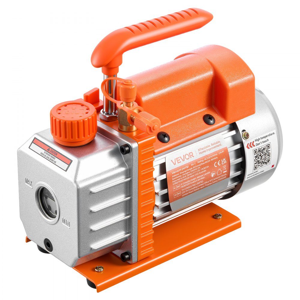 Vacuum pump, 3.5 CFM 99 L/min, 1 stage, 180W, suitable for R134a, R22 and R410a systems, 4-pole motor, for automotive air conditioning maintenance and resin degassing, including oil