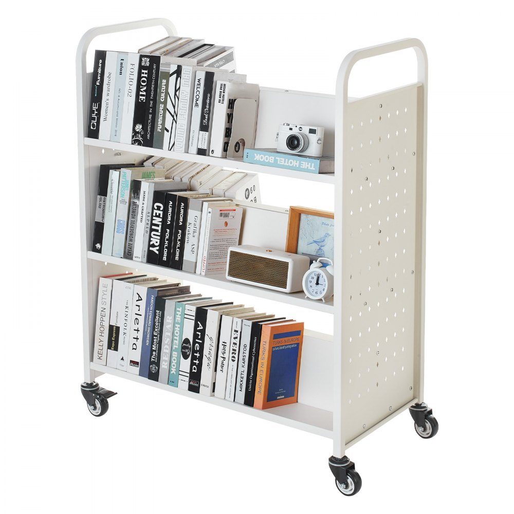 Book Trolley 150kg Load Capacity Library Trolley 97 x 51.5 x 122.5cm Double Sided W Shaped Bookshelf with Double Brake Wheels Bookshelf Trolley for Living Room Office School White