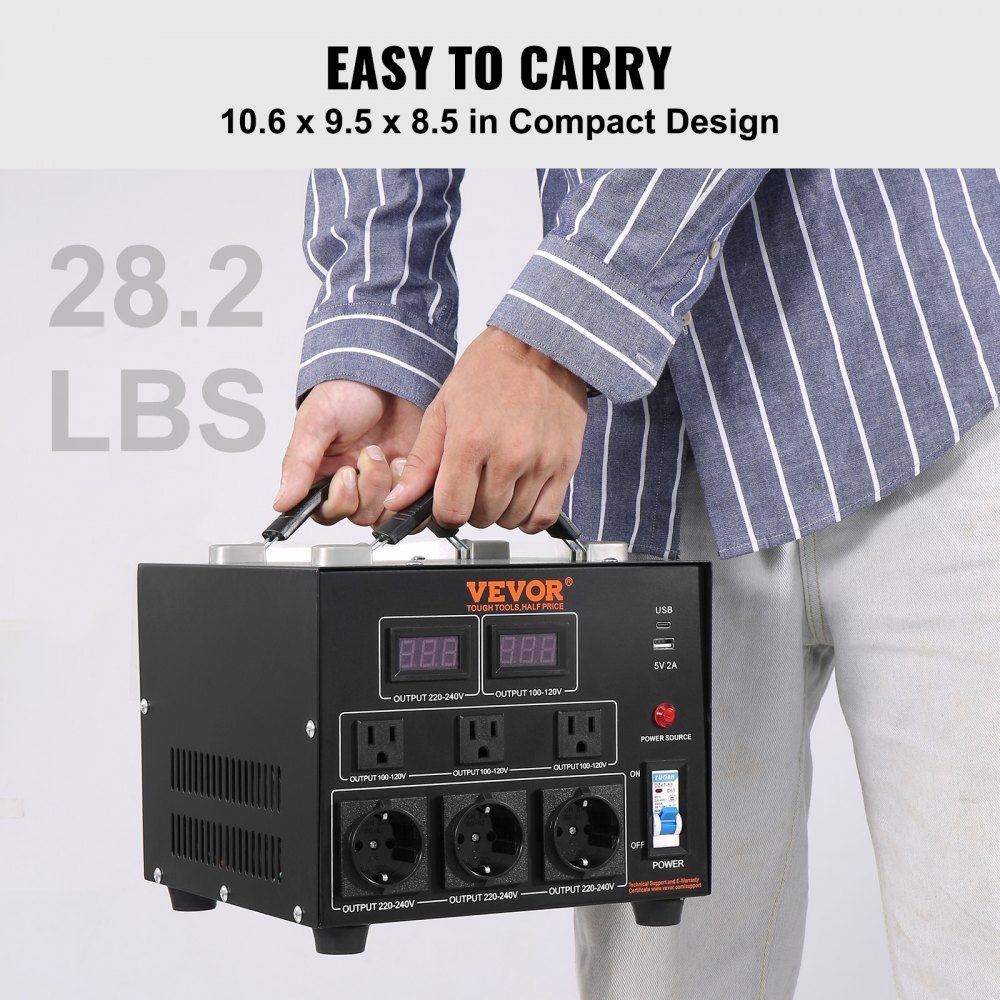 5000 W Spannungswandler-Transformator AC 110 V⇋220 V Transformator-Konverter 3x US NEMA 5-15R 3-polig / 3x europäische Shucko-Ausgangsbuchsen, 1x 5V USB-Anschluss und 1x Typ-C-Buchse