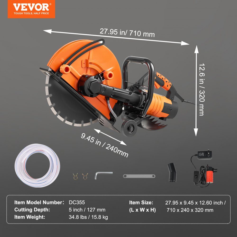 Electric Concrete Saw 356mm Heavy Duty Circular Saw 2800W Cutting Depth 127mm Wet/Dry Disc Saw with Water Pipe Water Pump Saw Blade for Stone and Brick