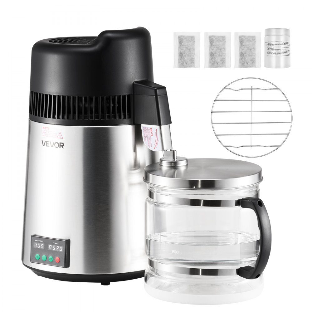 Wasserdestilliergerät 6L größerer Reinwasserfilter, 900W Glasdestilliergerät, Trinkwassergerät mit Edelstahlinnenraum zur Herstellung von sauberem Wasser, Wasserdestilliergerät Silber