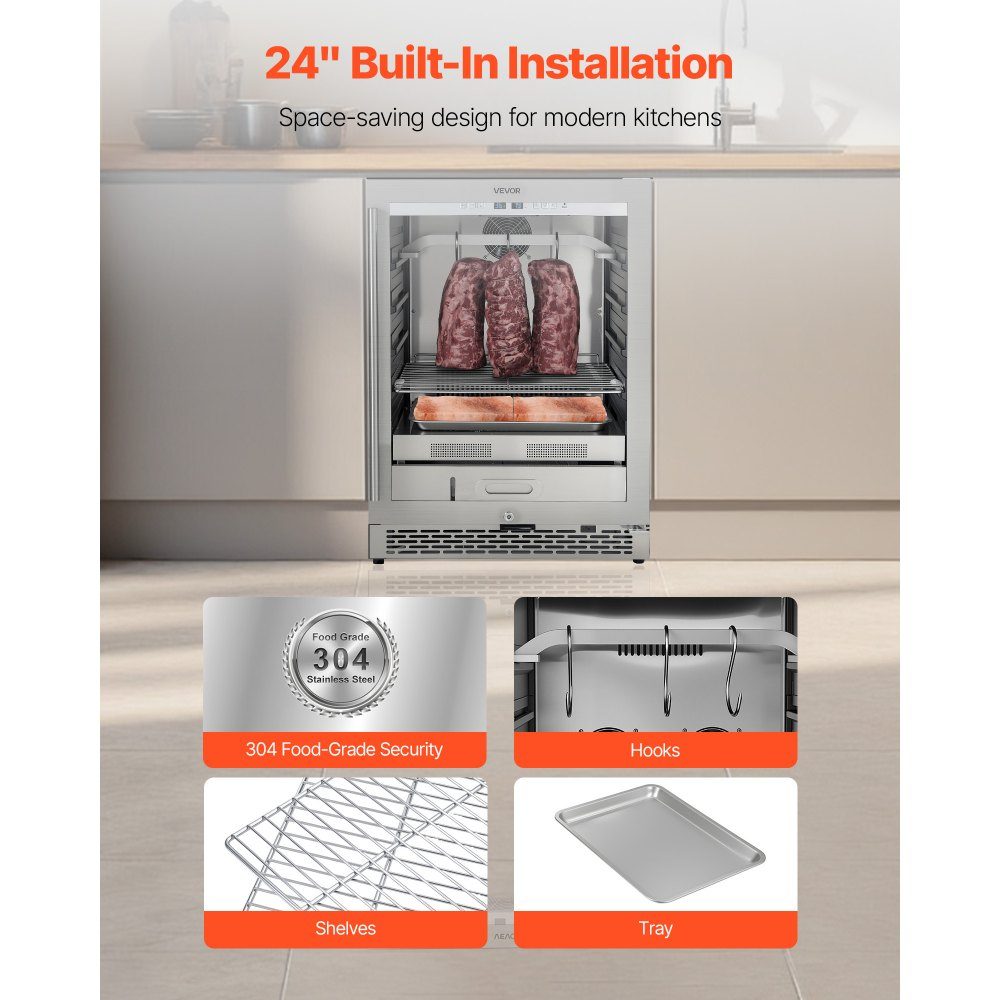 Trockenalterungskühlschrank 45 kg für Steaks, Fleischalterungskühlschrank mit präziser Temperatur- und Feuchtigkeitskontrolle, Rindfleischalterungsmaschine für Haushaltsküche, Restaurant, Hotel