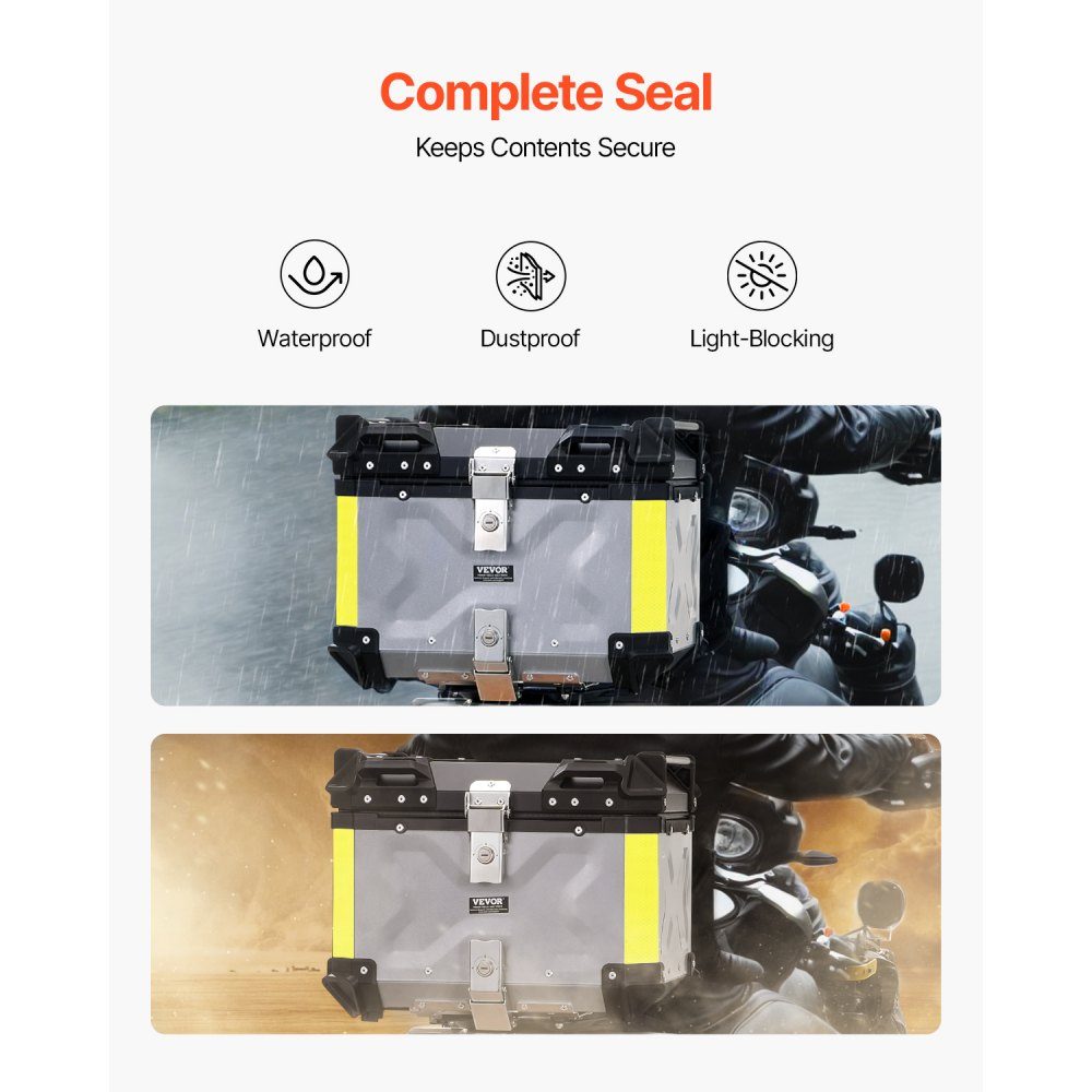 Motorrad-Topcase, Motorradkoffer, 45 l, Heckbox aus Aluminiumlegierung mit Lederfutter, abnehmbare Motorrad-Topbox mit Schloss und Rückenpolster, Helmkoffer (435 x 378 x 348 mm), Silber