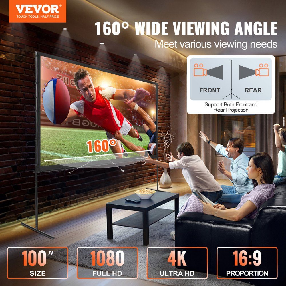 Projection Projector Screen with Stand, 100" HD 4K Outdoor Indoor Projector Screen, Quick Fold Portable Movie Screen 16:9 for Home Theater, Camping and Casual Events, Black