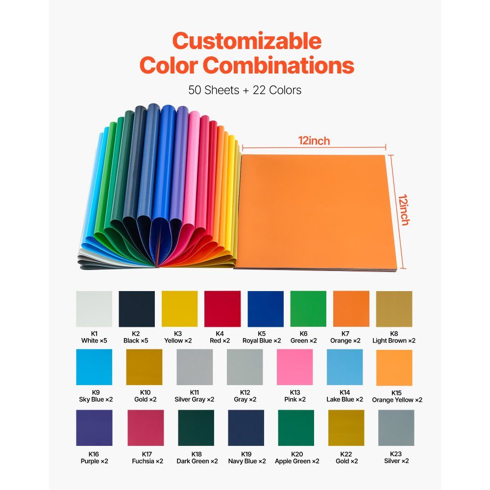 Vinylfolie warmteoverdrachtsfolie (304,8 x 304,8 mm) 50 vellen, diverse kleuren, plotterfilm compatibel met snijmachines, opstrijkfolie voor T-shirts, kussens, hoeden