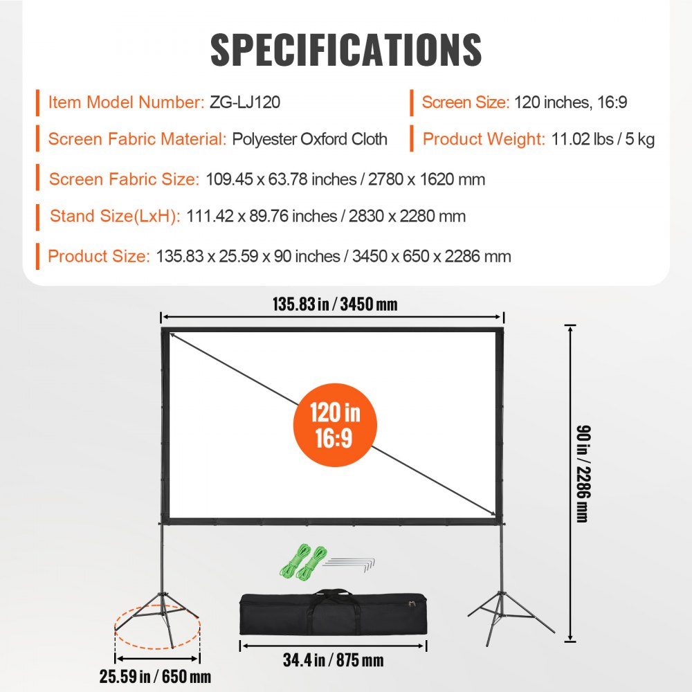 Projection Projector Screen with Stand, 120" HD 4K Outdoor Indoor Projector Screen, Quick Fold Portable Movie Screen 16:9 for Home Theater, Camping and Casual Events, Black