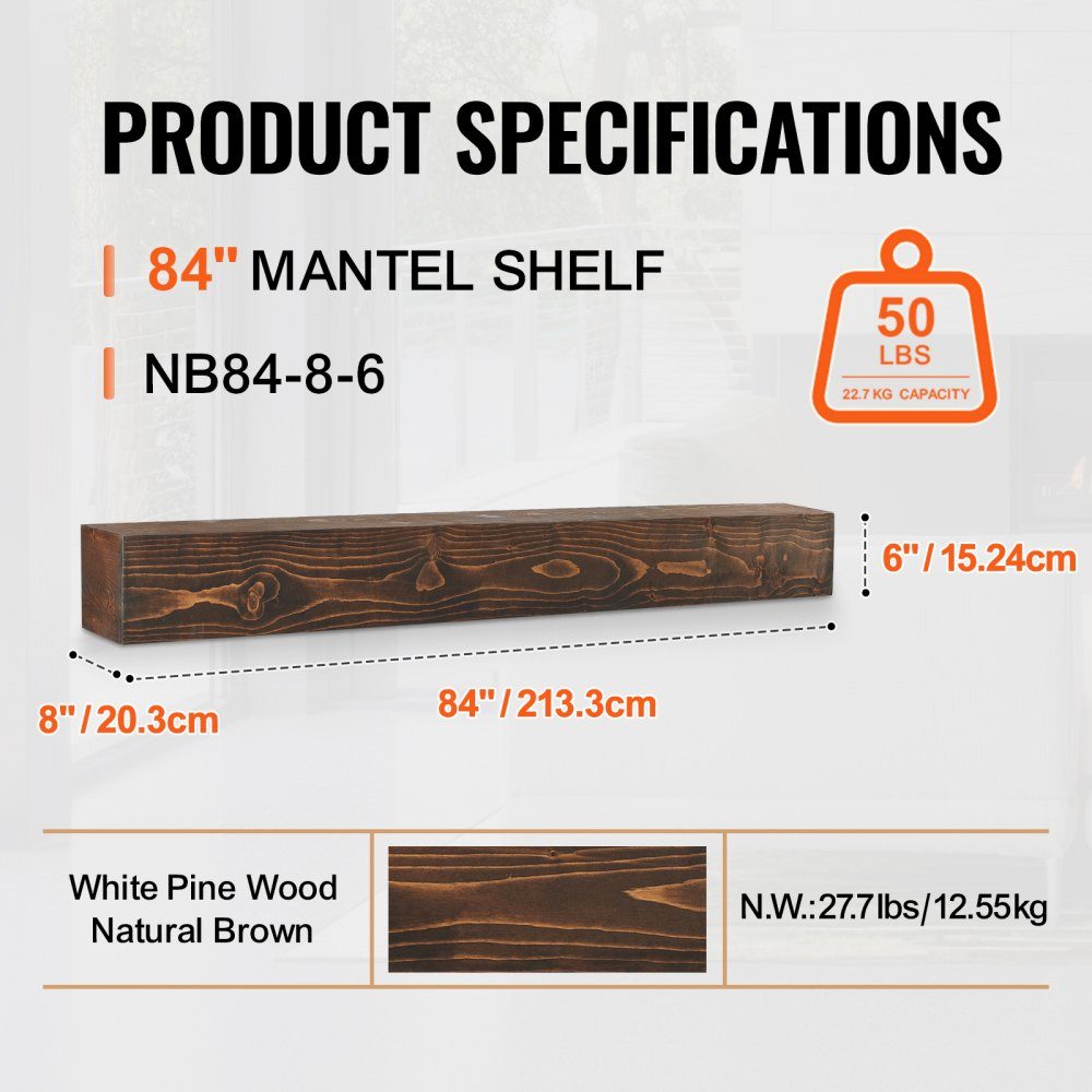 Kaminsims, 213,4 x 20,3 x 15,2 cm, Tragkraft: 22,7 kg, Naturholz, Kaminsims über dem Kamin, schwebendes Bauernhaus-Wandregal, handgefertigte Kaminsims-Wanddekoration, Naturbraun