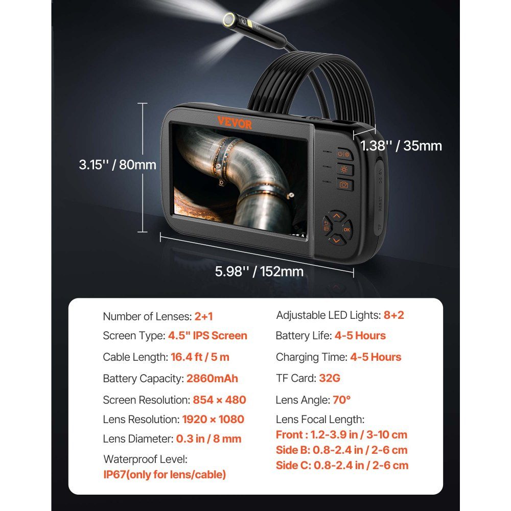 Endoscope Camera with Light Triple Lens Industrial Endoscope 4.5" IPS Screen Inspection Camera 1920x1080 Waterproof Pipe Camera Car Engine Sewer HVAC Duct Inspection