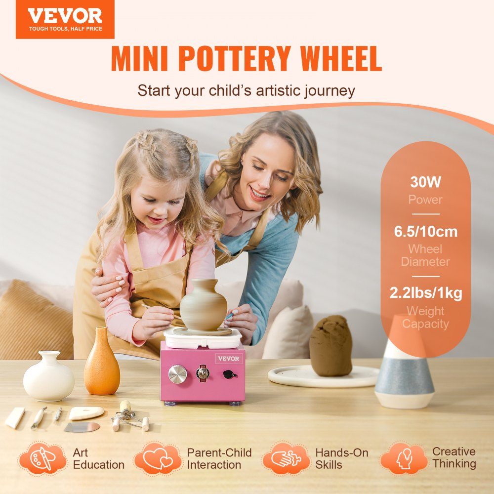 Mini Pottery Wheel 0-320RPM Adjustable Speed ​​Detachable Basin Molding Machine 2.5"/3.9" 2 Turntables Electric Ceramic Pottery Wheel 18 Pieces Accessories for Arts and Crafts DIY Pink