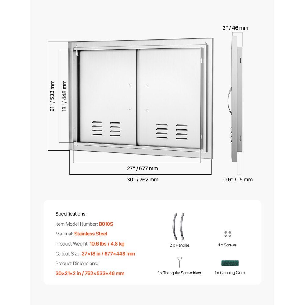 Grill Access Door 762x533mm Double Outdoor Kitchen Door Flush Mount Stainless Steel Door Vertical Wall Door with Handles and Vents for Grill Island Grill Station Outdoor Cabinet