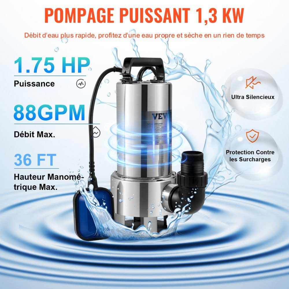 Pompe à eau submersible, 1300 W, 20000 l/h, avec câble de 10 m et interrupteur à flotteur automatique, en acier inoxydable et en fonte pour bassins de jardin, piscines, bains à remous sales ou propres et vides – Réf. HT-24527