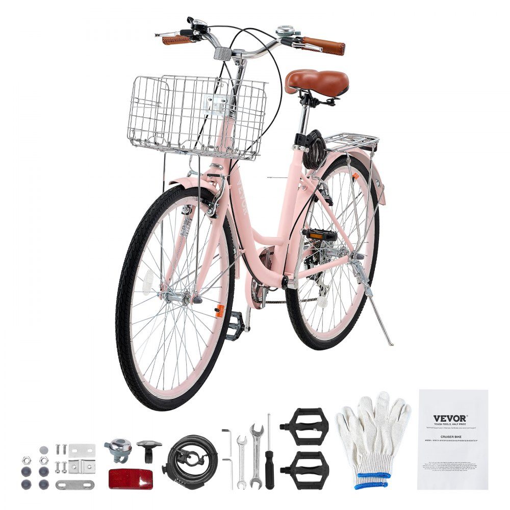Cruiser-Fahrrad mit 7 Gängen (Reifendurchmesser 660,4 mm), Strandfahrrad mit großem Korb und Gepäckträger, Cruiser-Fahrrad mit verstellbarem Sitz, für Fahrradtraining und Einkaufen, Pink