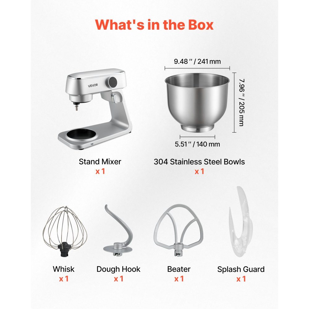 Kneading machine, food processor for baking, 1800 W dough machine with stainless steel bowls (7.4 l) and dough hook, beater and whisk, 10-way adjustable tilt mixer, stand mixer