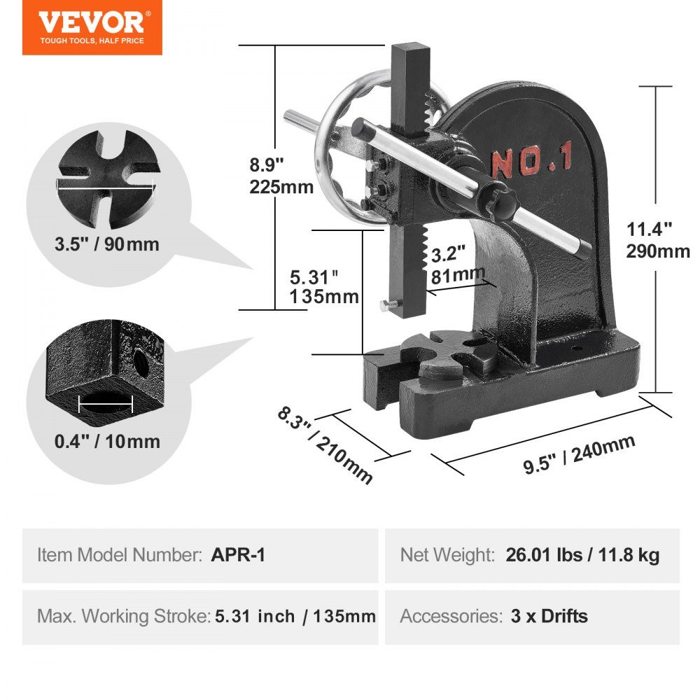 Mandrel Press, 1 Ton Hand Lever Press, Manual Mandrel Press Precision Hand Press, 135mm Maximum Height, Desktop Manual Cast Iron Punch Press for Punching, Bending, Stretching, Forming