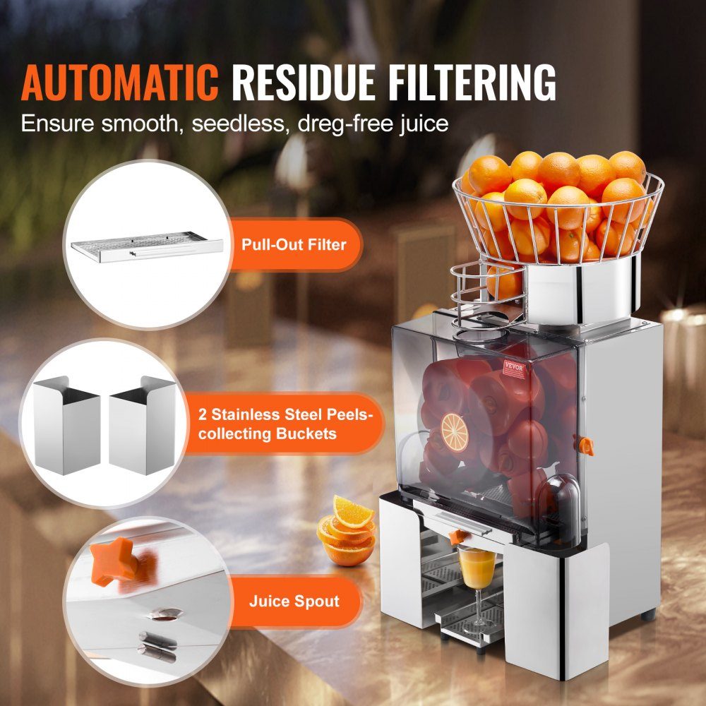 Commercial Orange Juicer, 120W Automatic Juicer, Stainless Steel Orange Juicer for 25 Oranges per Minute, with PC Cover, 46 x 52 x 90cm, Commercial Citrus Juicer, Electric Citrus Juicer