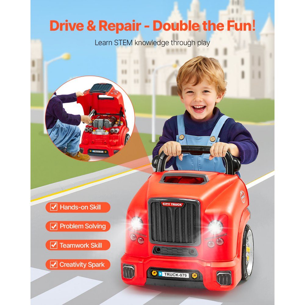 Jouet à moteur, kit de réparation de voiture de 60 pièces pour enfants avec pièces détachables, lumières et sons, volant et klaxon, kit d'atelier mécanique pour enfants pour les tout-petits à partir de 3 ans, rouge