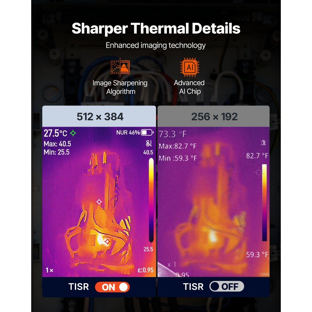Thermal Imaging Camera, TISR Super Resolution 512 x 384, Thermal Imaging Camera with 2MP visual camera, 256 x 192 IR resolution, 25Hz refresh rate, -20°C to 550°C, 4 image modes and 7 color palettes