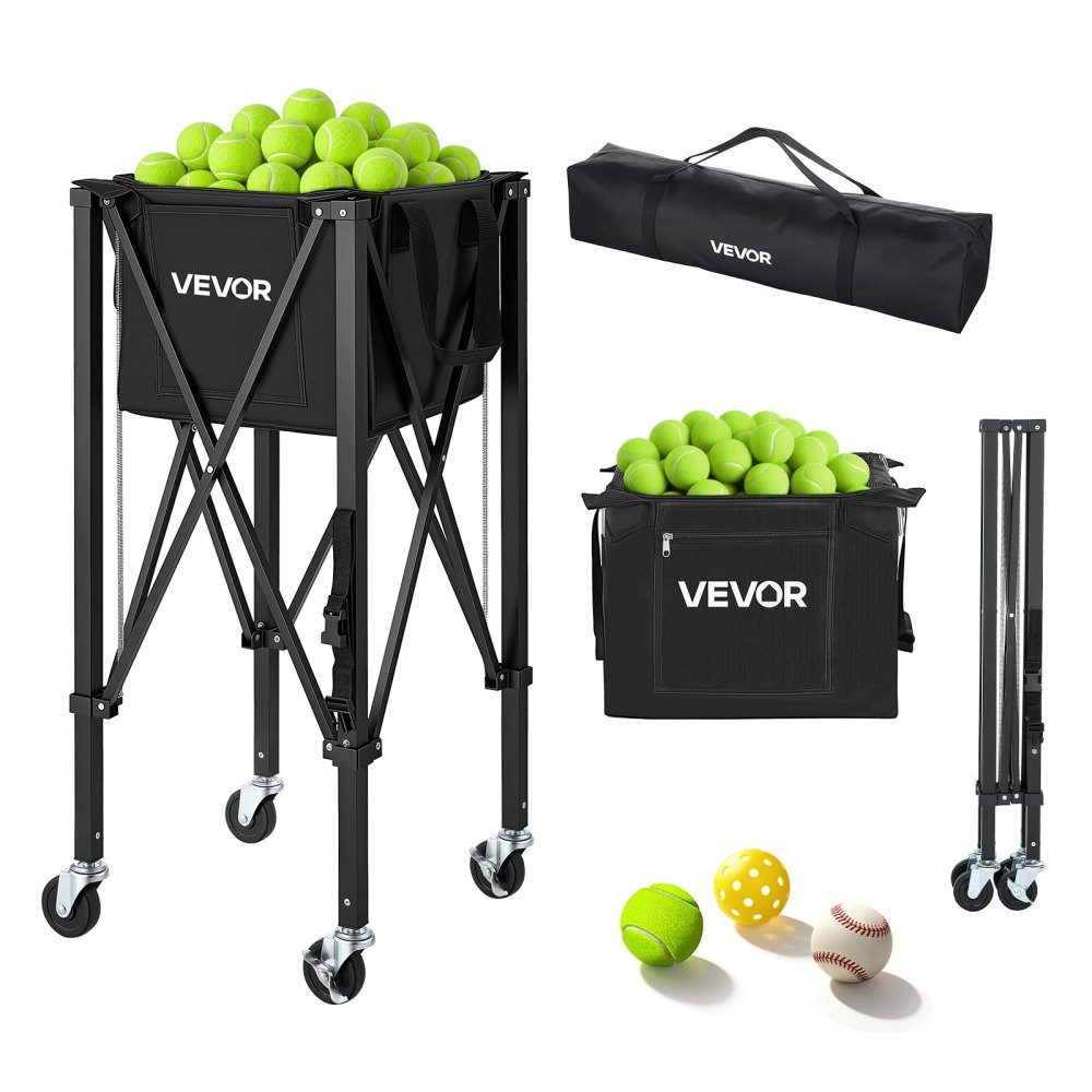 Tennisballwagen faltbar, Tennisballkorb für 120 Tennisbälle, faltbarer Ballwagen mit Rahmen aus Aluminiumlegierung und Tragetasche, mobiler Ballkorb mit Rädern zur Trainingsaufbewahrung, Schwarz
