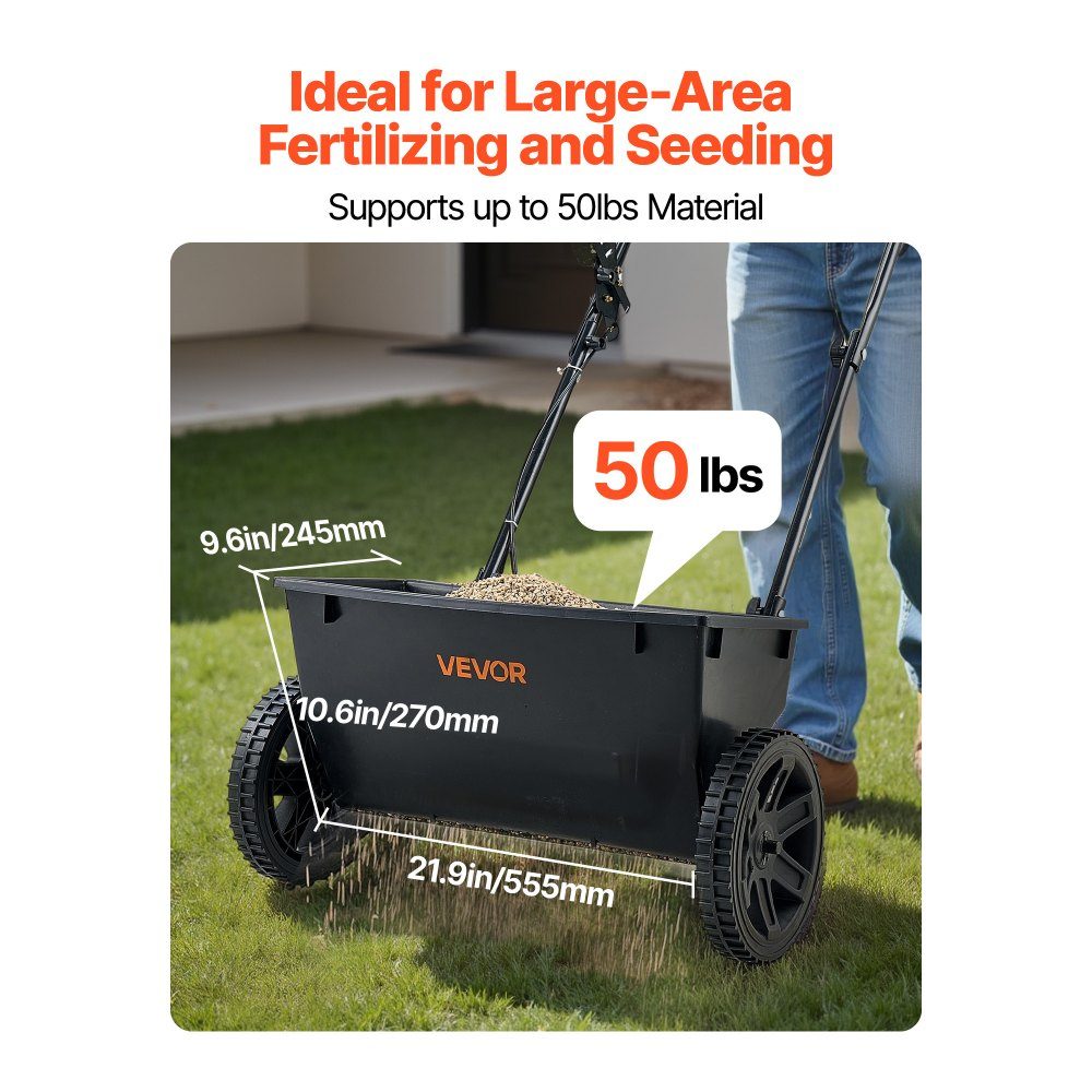 Spreader, 22.6 kg capacity, centrifugal spreader with filling funnel, 460 mm spreading width & 10 adjustment options, 25.4 cm tires, fertilizer spreader for seeds, fertilizer