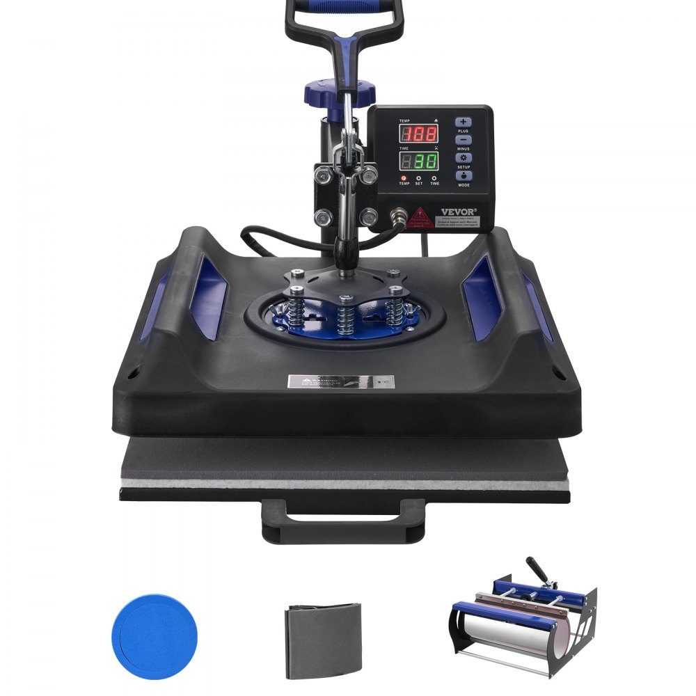 Warmtepers 15" x 15" 5 in 1 warmteoverdrachtmachine met 30-Unzen-Trommelpresse 360° wegzwenkbaar digitaal T-shirt met tefloncoating voor T-shirts/mokken/hoeden/borden zwart + blauw