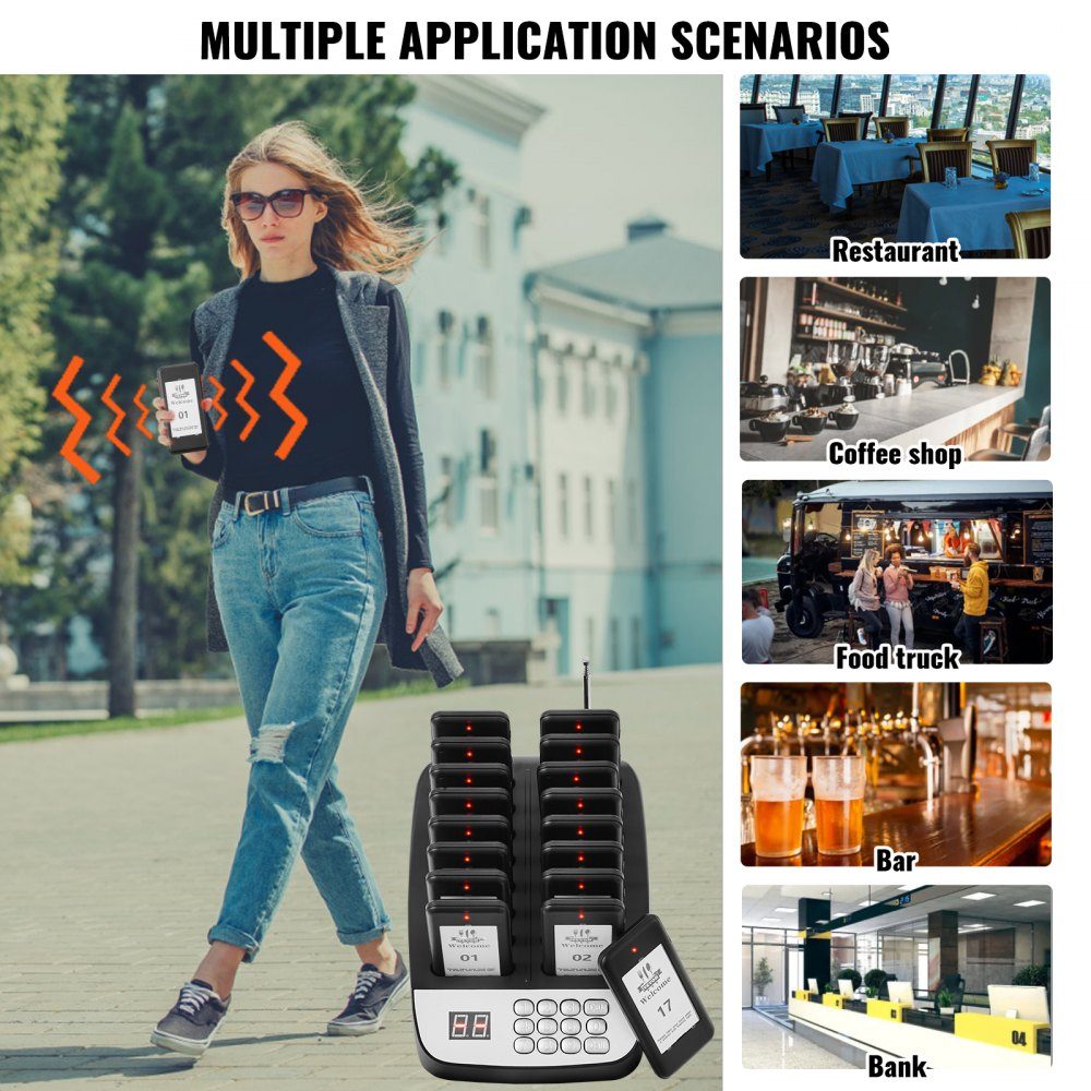 Restaurant Pager System, Wireless Queue Signal with 500m Range, Guest Call Beeper with Vibration and Flashing, 16 Pagers for Food Truck, Church