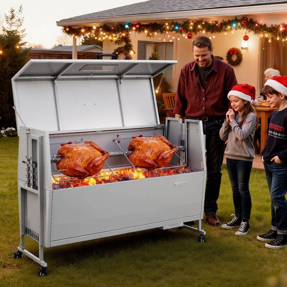 Drehspieß 38W Spanferkelgrill Lammgrill Holzkohlegrill (132cm Grilllänge) mit 60kg Belastbarkeit & Rollen & 4-fach Höhenverstellung & Deckel, Edelstahl Elektrogrill Set für Camping