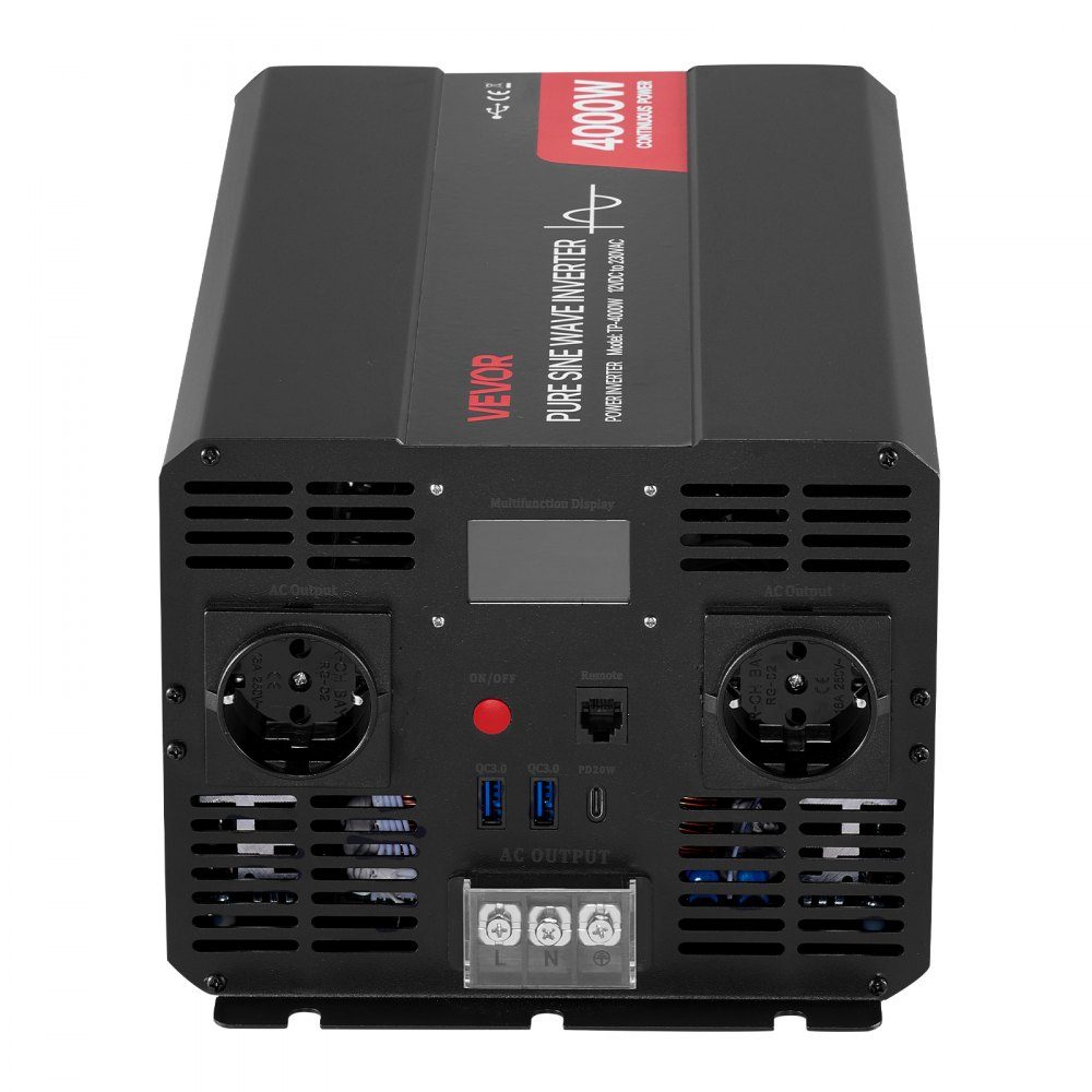 4000 W stroomomvormer 12 V DC naar 230 V AC zuivere sinusomvormer met LCD-scherm, afstandsbediening, 2 USB-poorten, 2 AC-aansluitingen, Type C-poort voor campers, vrachtwagens buiten – Artikelnr. HT-22433